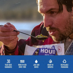 Mountain House eat-from-pouch setup in a backcountry campsite