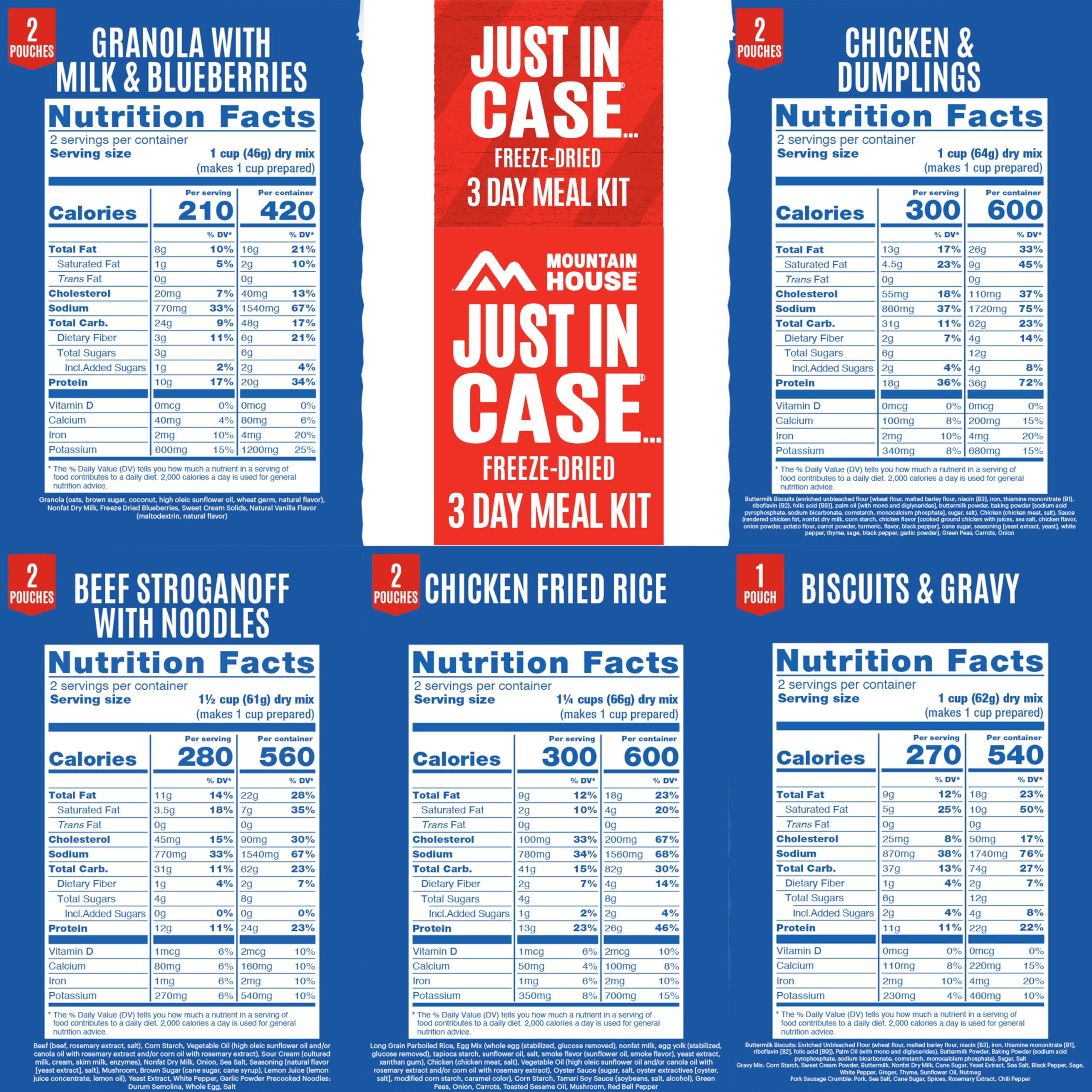 Close-up of Mountain House freeze-dried meals showing sealed pouches.