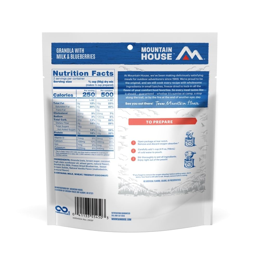 Mountain House Granola with Milk & Blueberries served directly from pouch during hike.