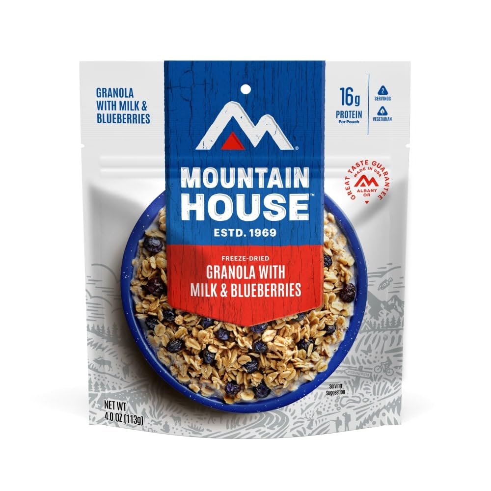 Mountain House Granola with Milk & Blueberries pouch front displaying real ingredients and two servings.