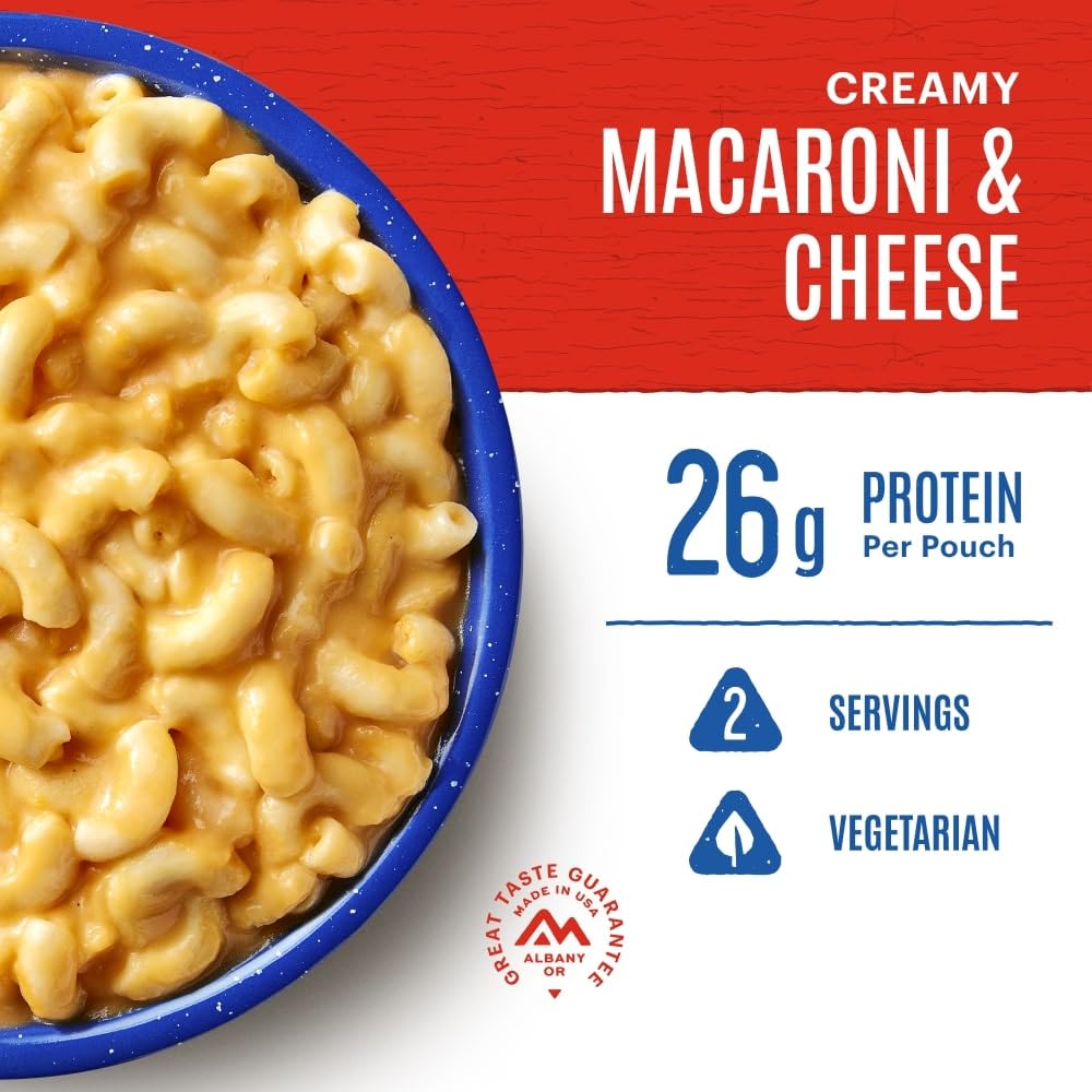 Mountain House creamy macaroni cheese close-up highlighting rich sauce