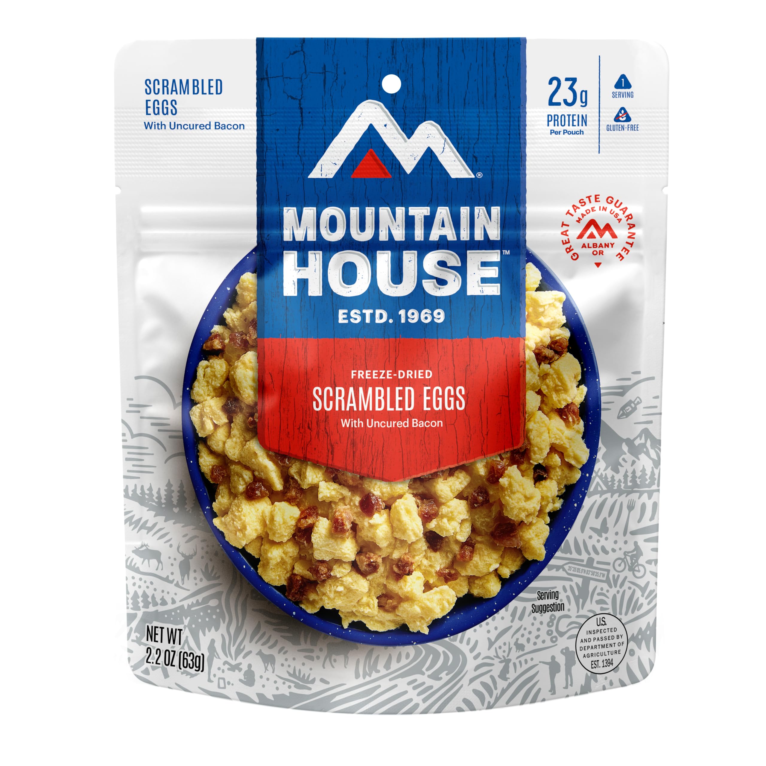 Mountain House scrambled eggs with uncured bacon pouch – quick, gluten-free camping breakfast