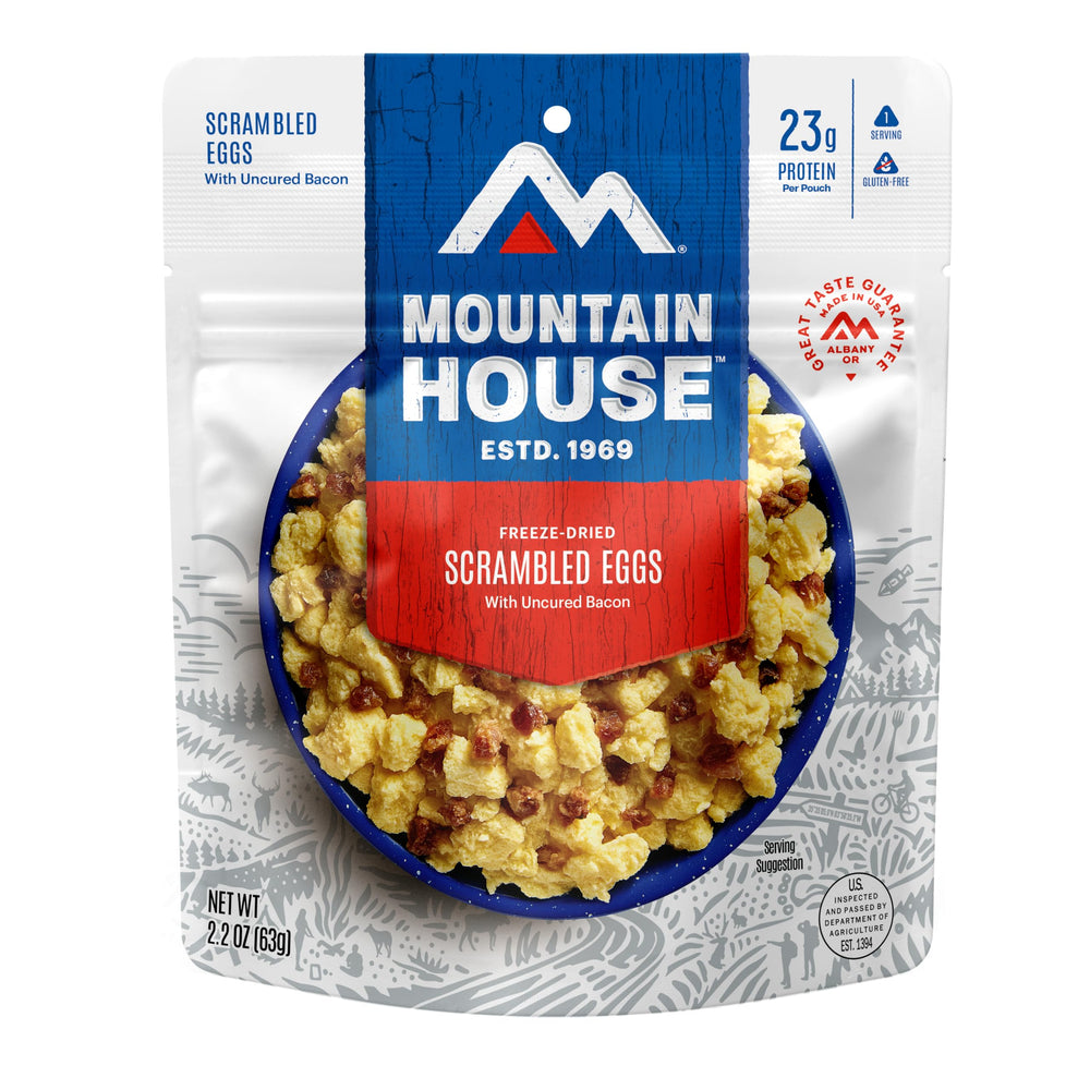 Mountain House scrambled eggs with uncured bacon pouch – quick, gluten-free camping breakfast