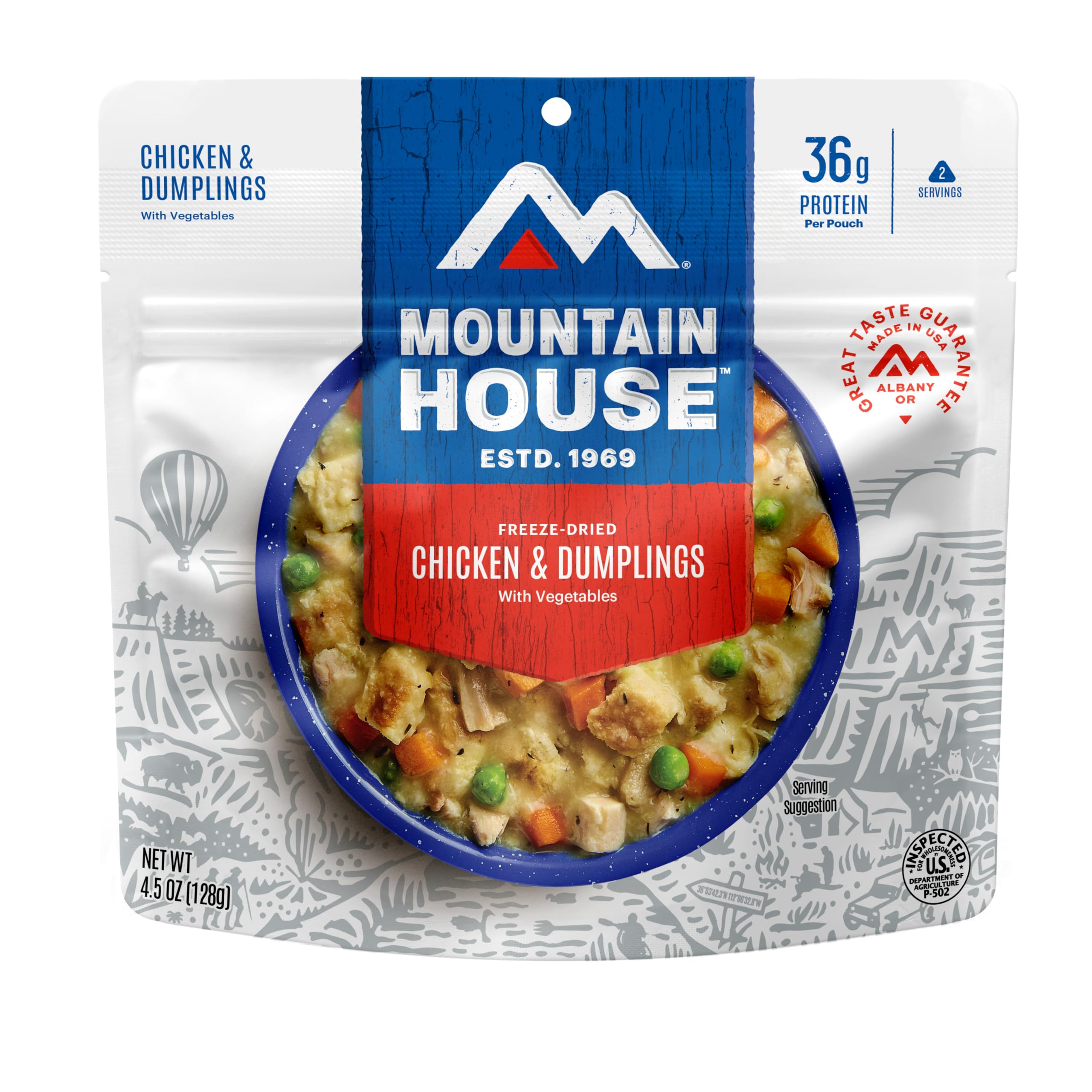 Mountain House survival meal pouch with chicken and vegetables in white gravy for backcountry dining.