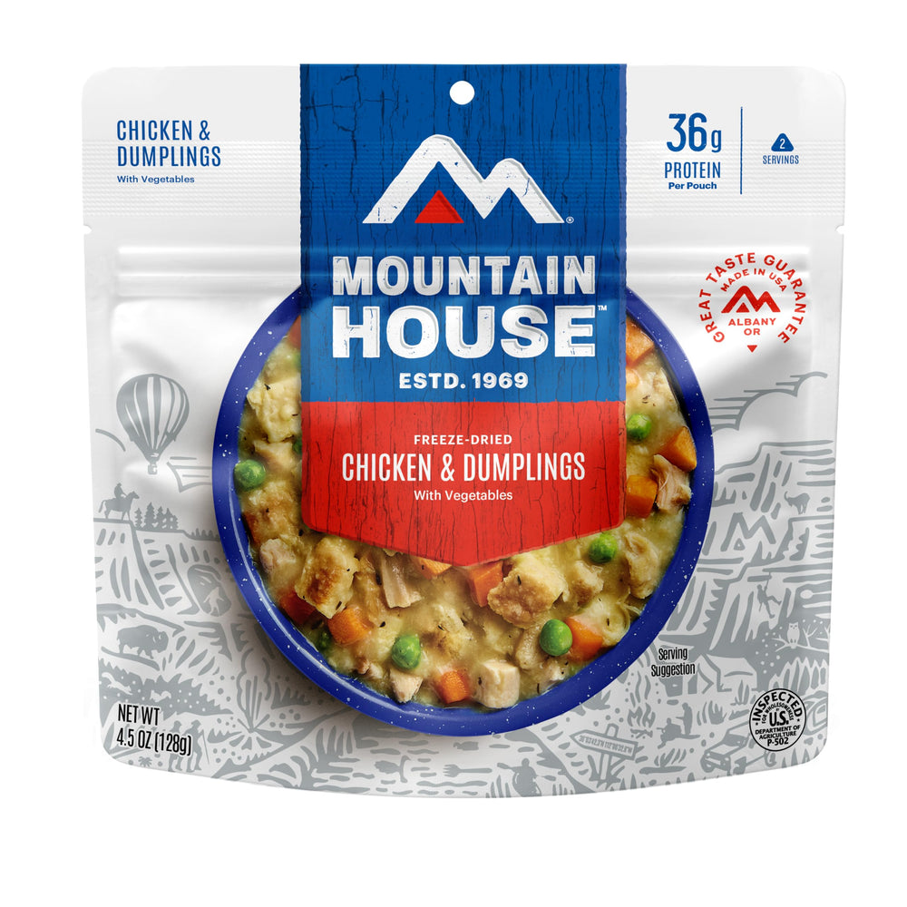 Mountain House survival meal pouch with chicken and vegetables in white gravy for backcountry dining.