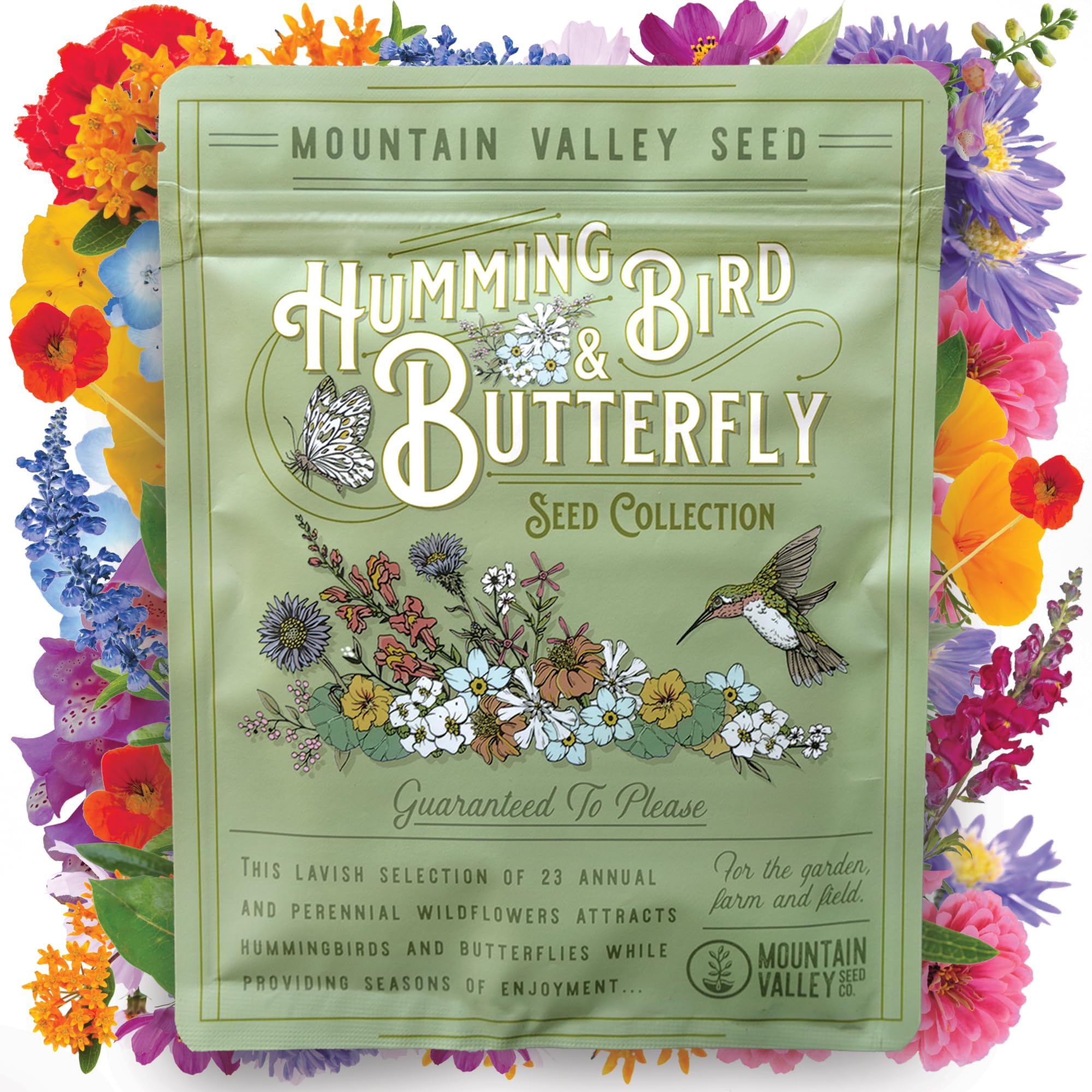 Mountain Valley Wildflower Seeds bulk packaging shown in a resealable packet for easy planting.