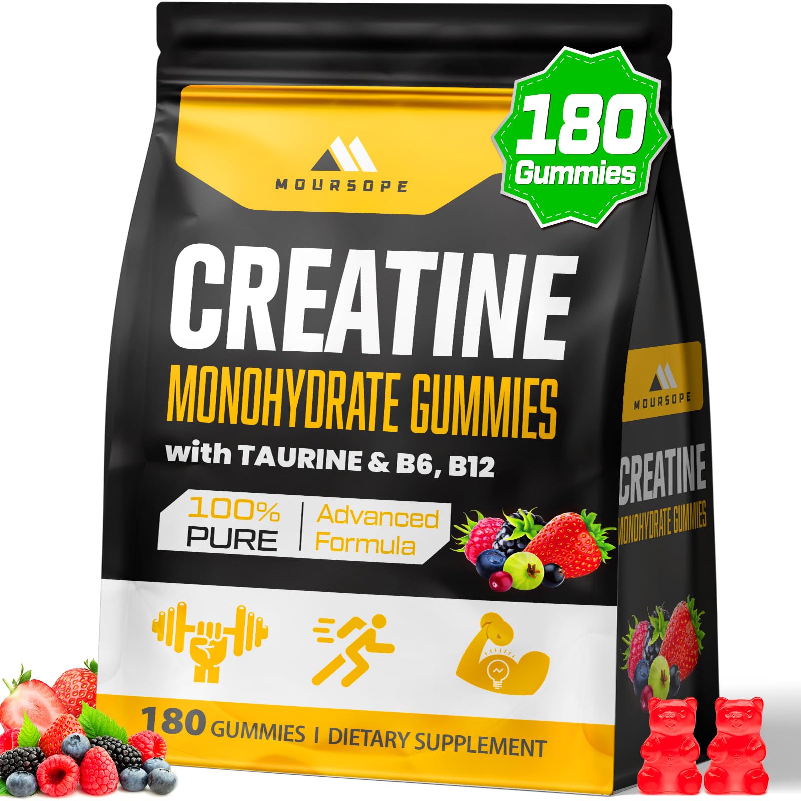 Moursope Creatine Monohydrate Gummies bottle for daily workout support and convenient intake