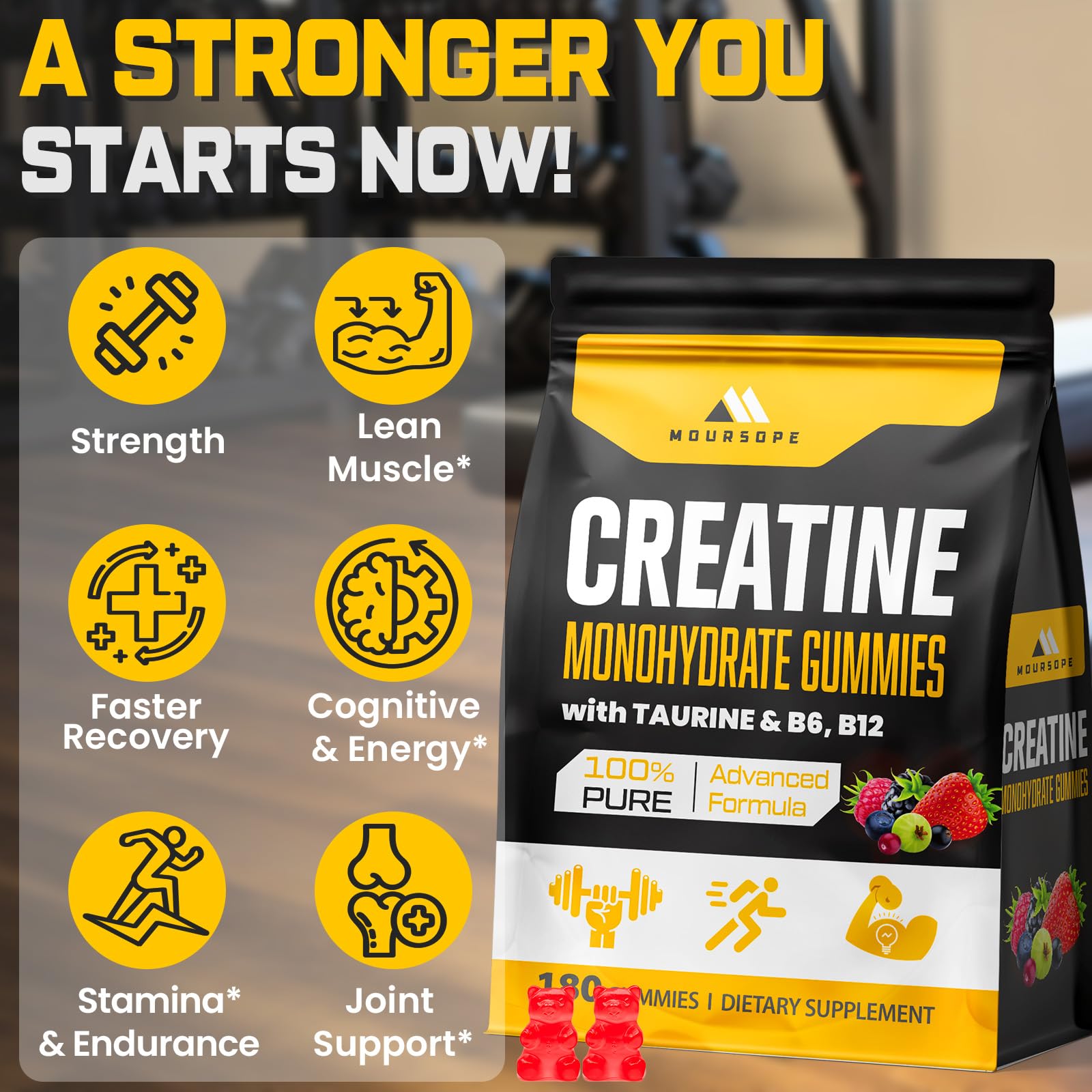 Moursope gummies packaging highlights vegan, gluten-free and sugar-free formula for clean fueling