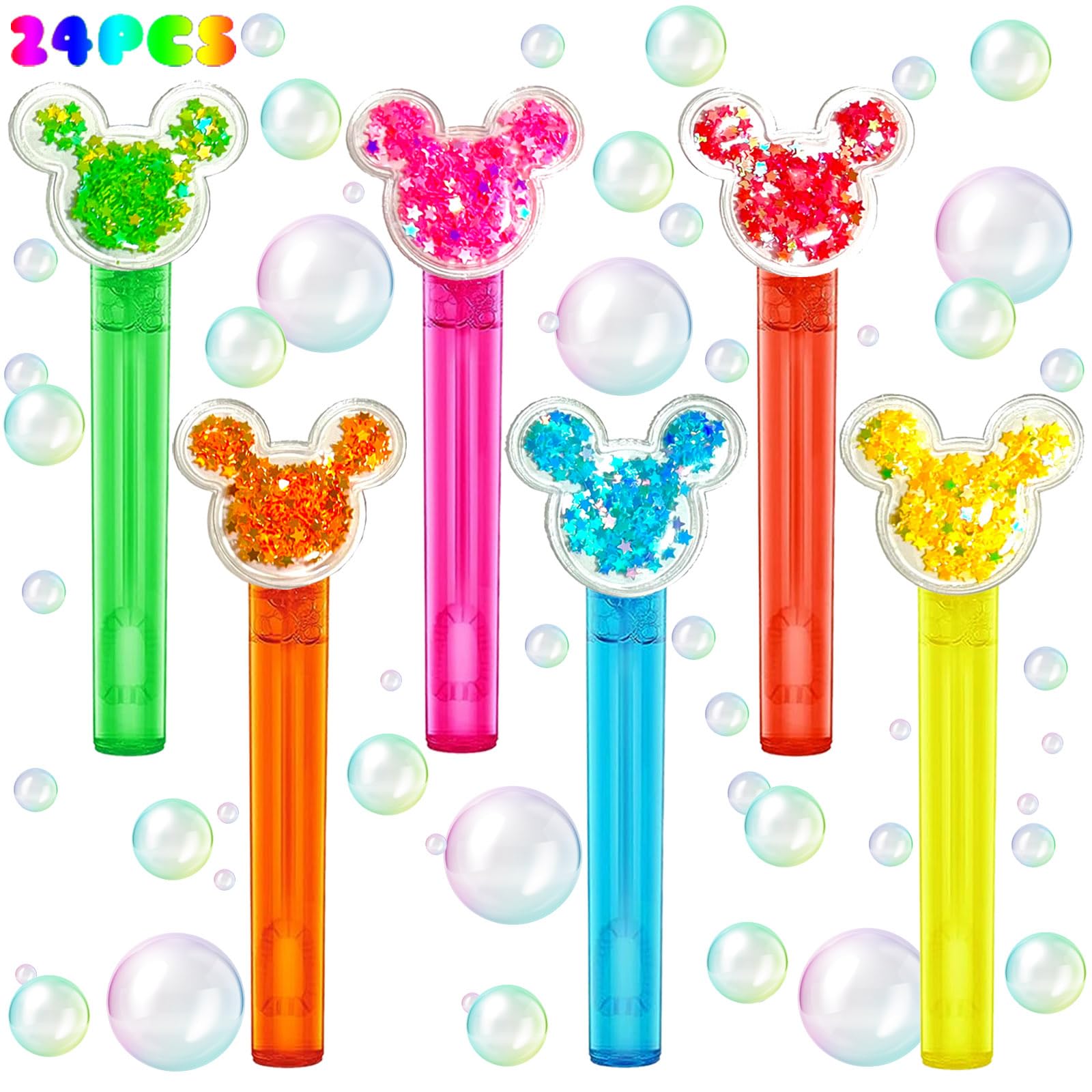 Mouse Party Favors 24pcs bubble wands with colorful tubes for kid-friendly party fun.