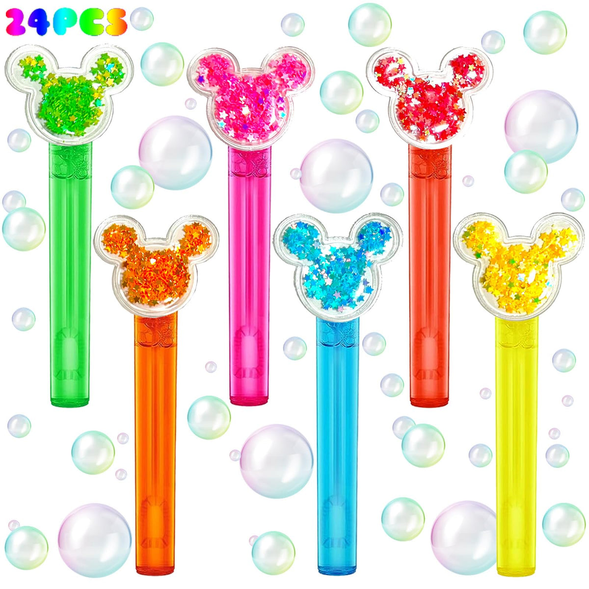Mouse Party Favors 24pcs bubble wands with colorful tubes for kid-friendly party fun.