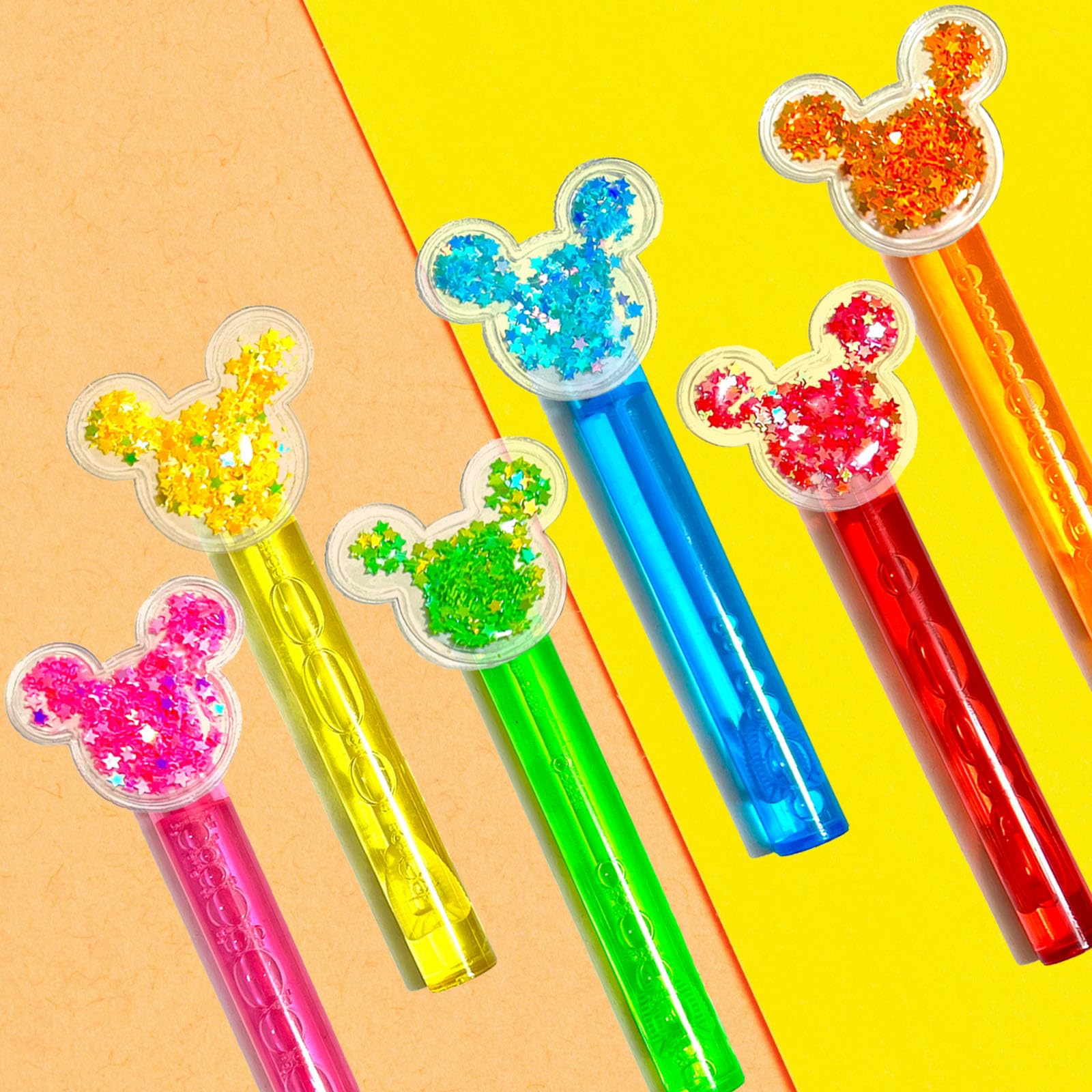 Mouse Party Favors six colored bubble tubes with cartoon mouse-ear toppers for cute decorations.