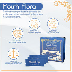 MouthFlora bottle close-up label highlights probiotic prebiotic blend for balance