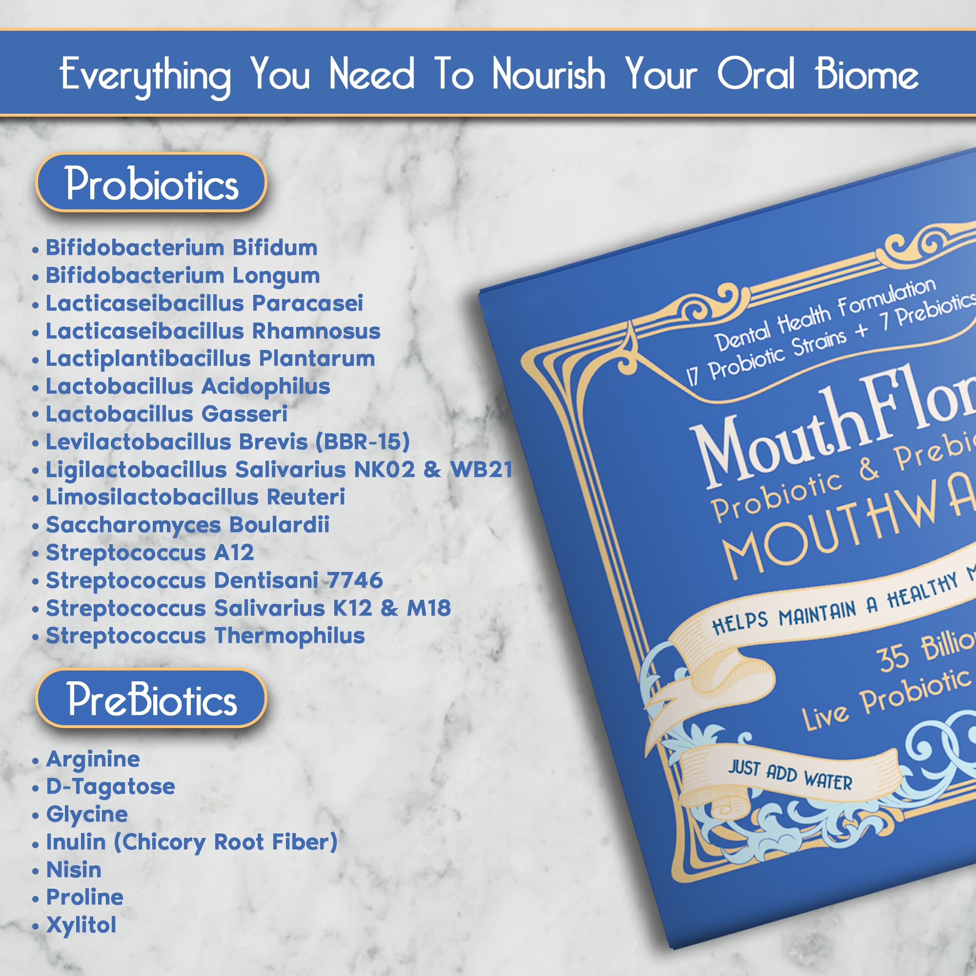 MouthFlora ingredients graphic shows 17 probiotic strains and 7 prebiotics