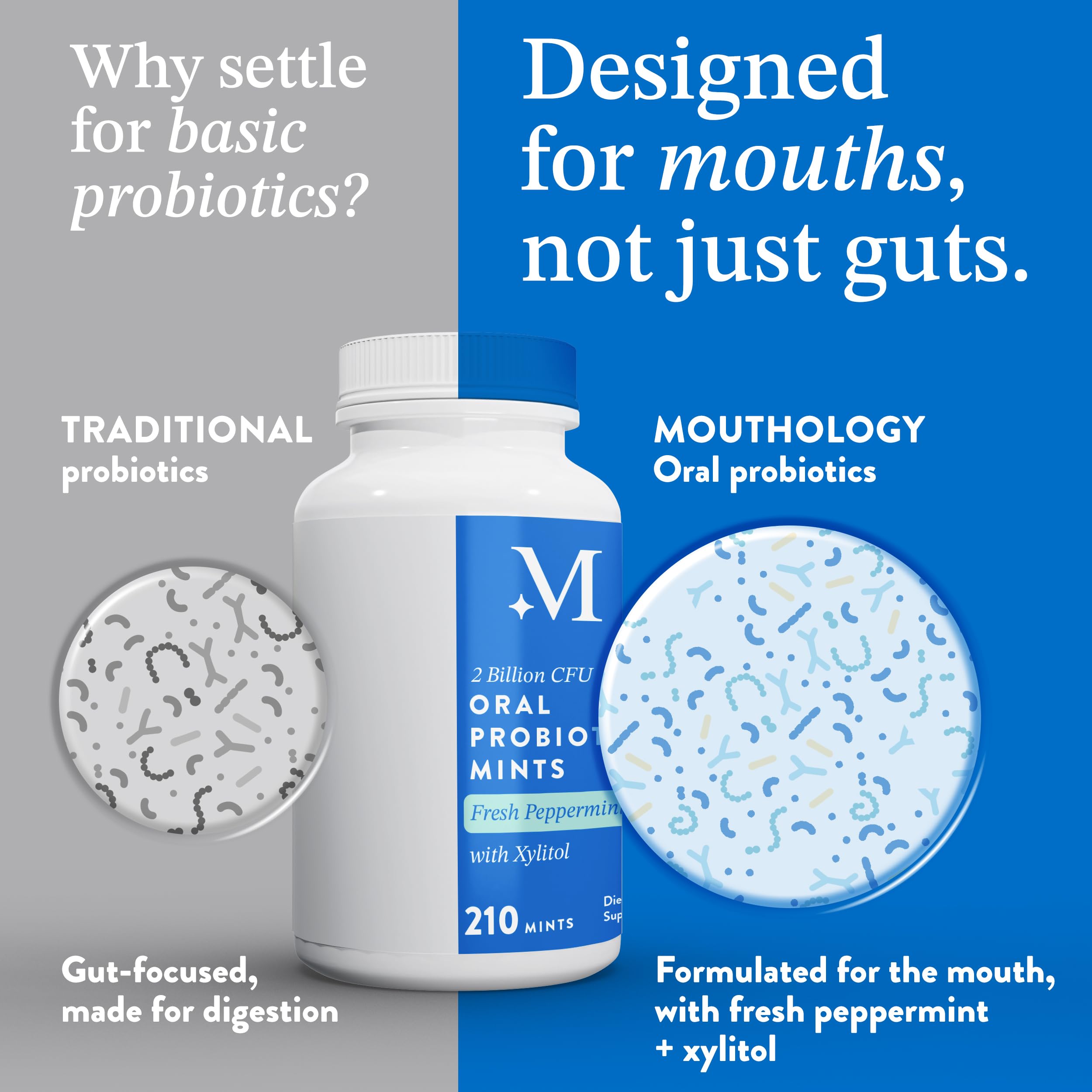 Mouthology packaging box front showing minty freshness and benefits.