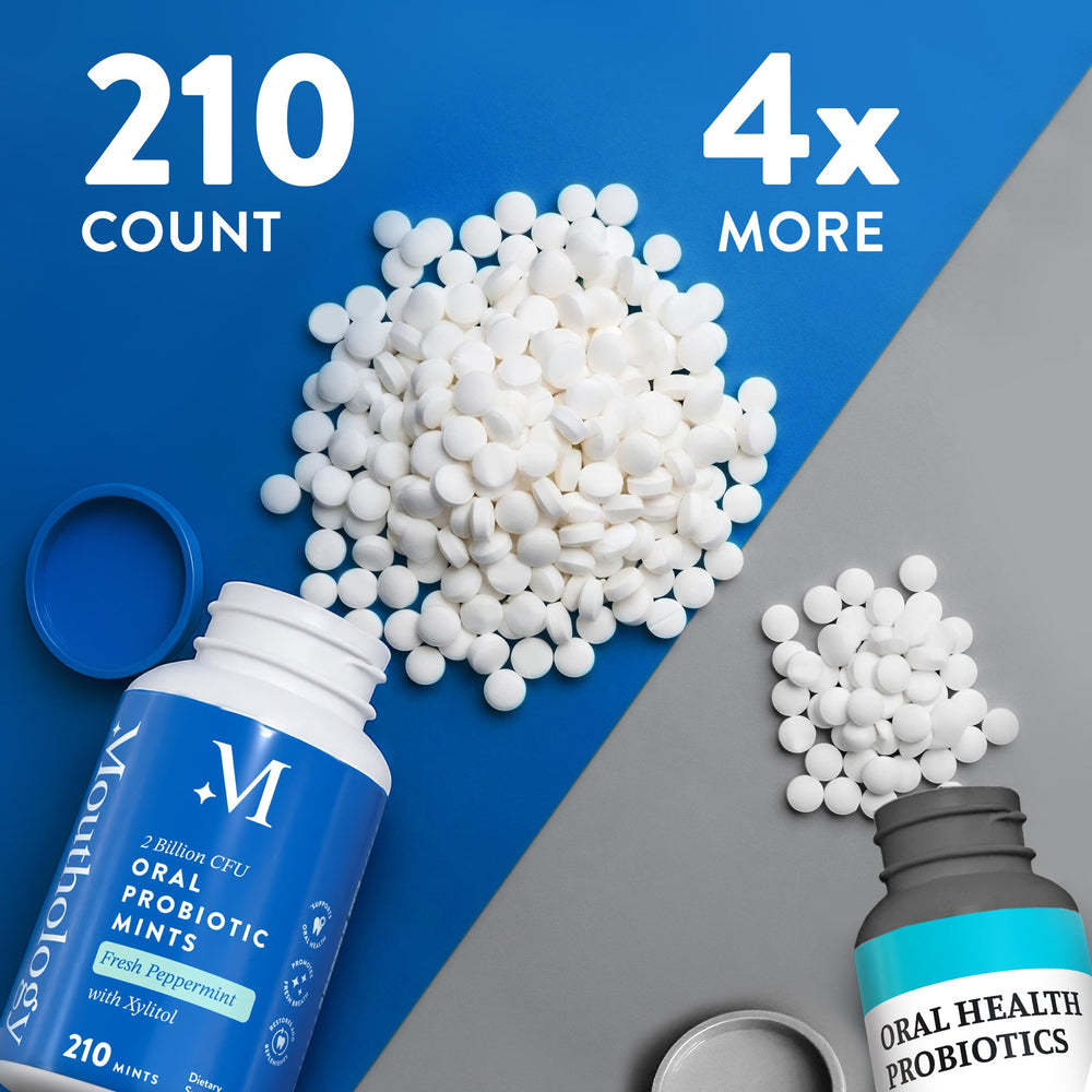 Mouthology bottle label highlights xylitol for enamel-friendly support.