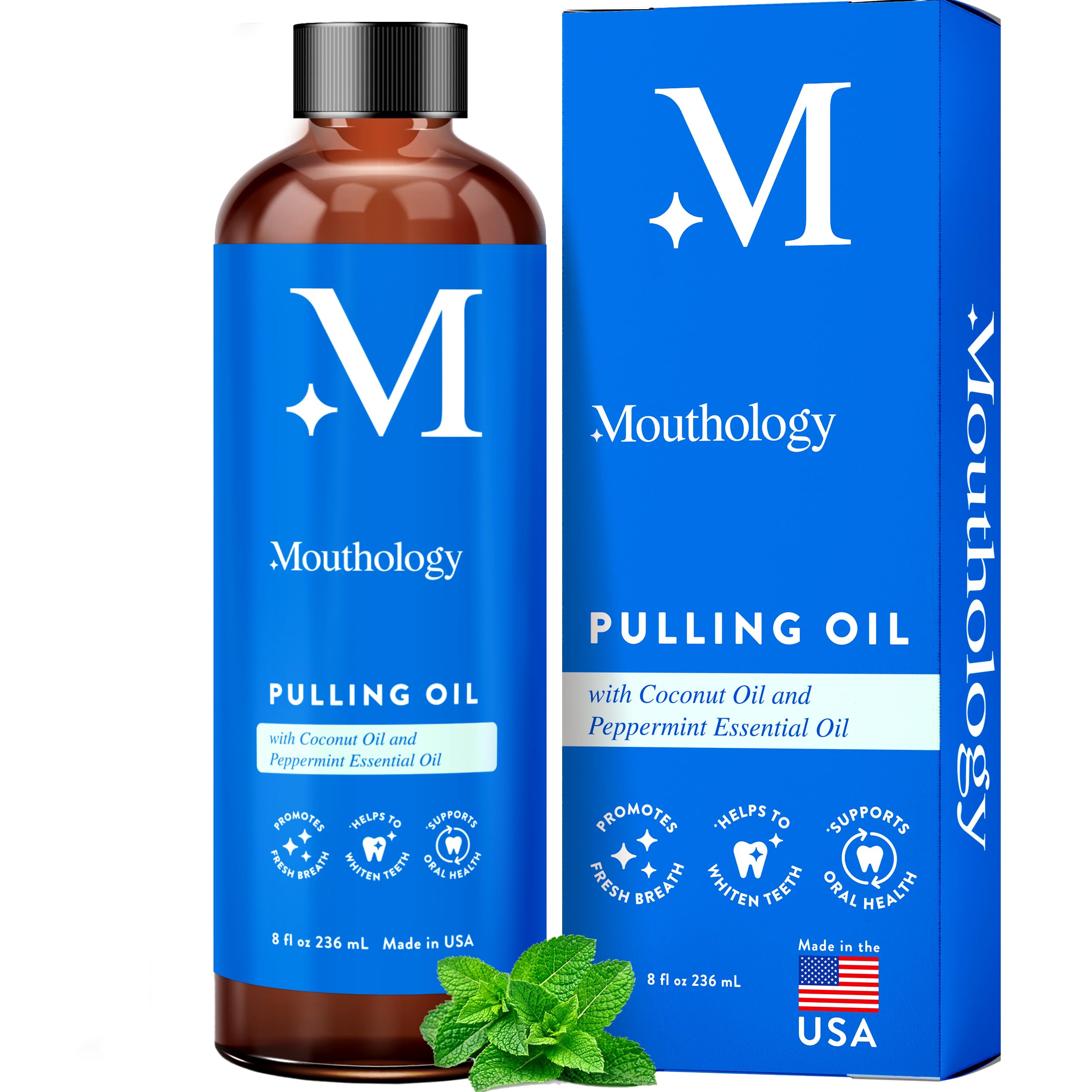 Mouthology coconut oil pulling bottle shows oil texture for whitening and fresh breath
