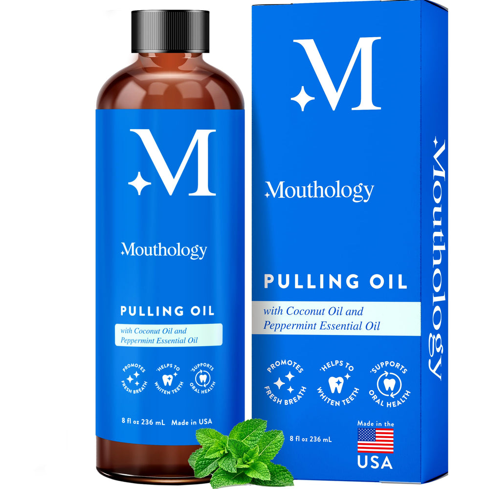 Mouthology coconut oil pulling bottle shows oil texture for whitening and fresh breath
