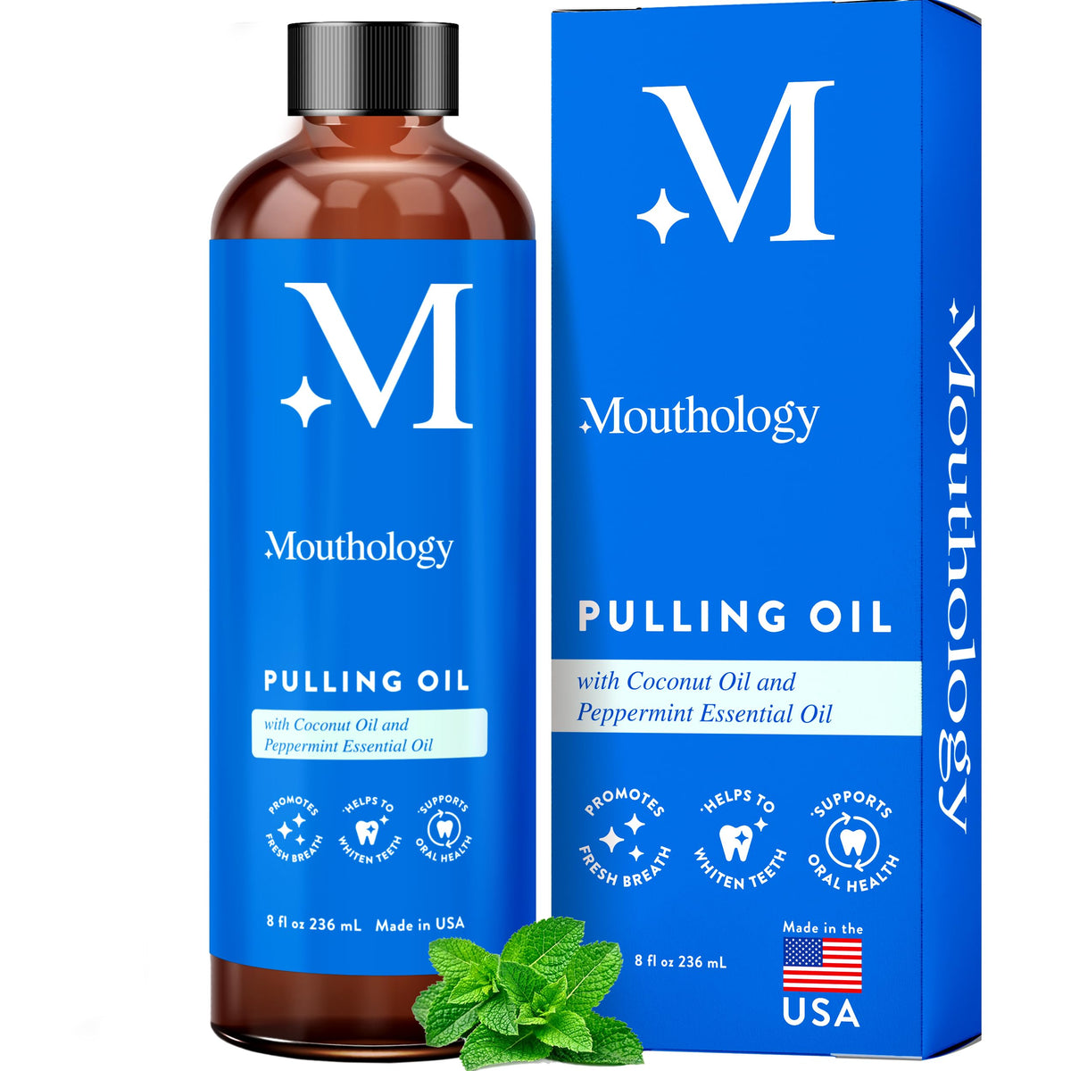 Mouthology coconut oil pulling bottle shows oil texture for whitening and fresh breath