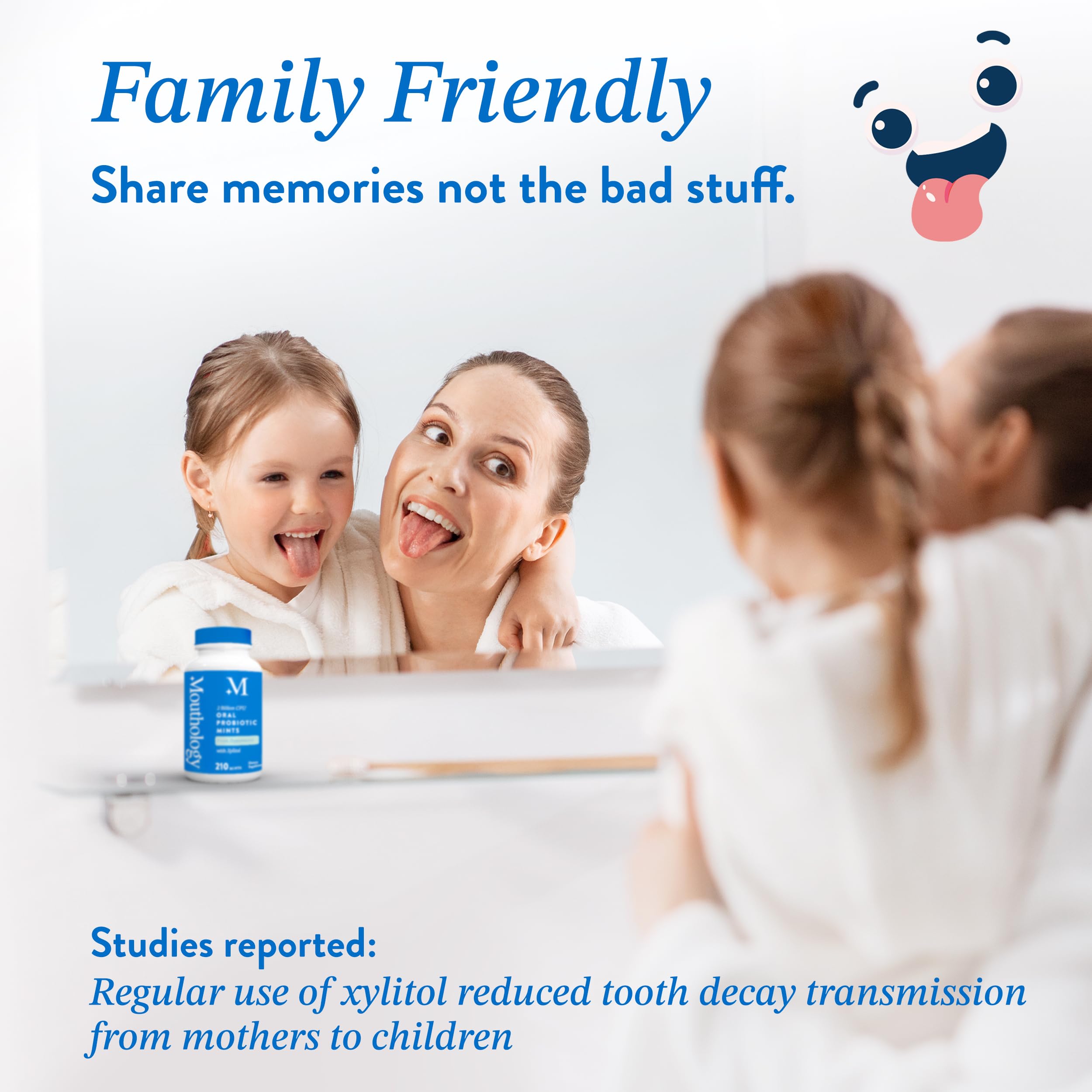 Mouthology bottle in a bathroom mirror setup for everyday use.