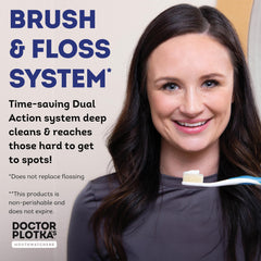 MOUTHWATCHERS built-in flossing toothbrush reaches deep grooves for thorough cleaning.