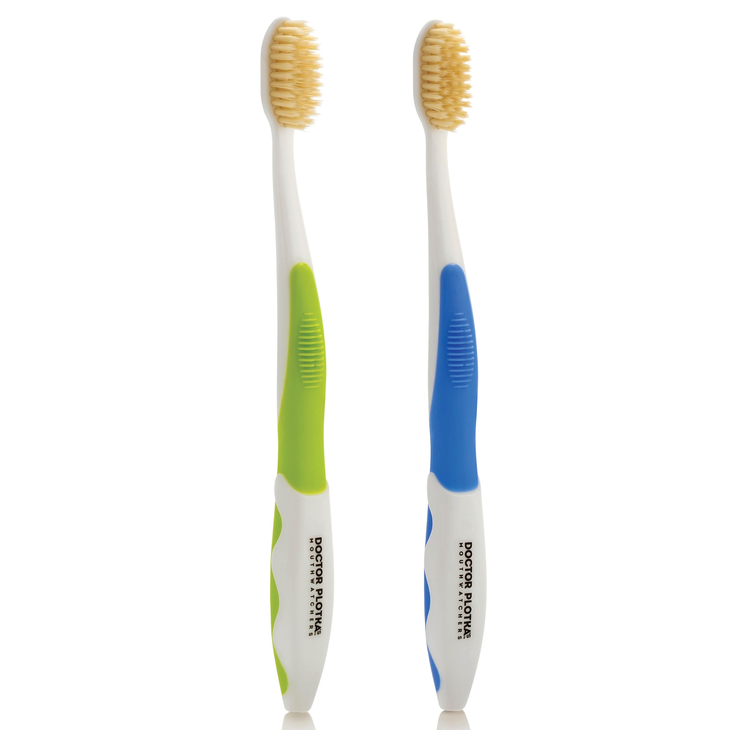 MOUTHWATCHERS soft-bristles toothbrush with built-in flossers for gentle plaque removal.