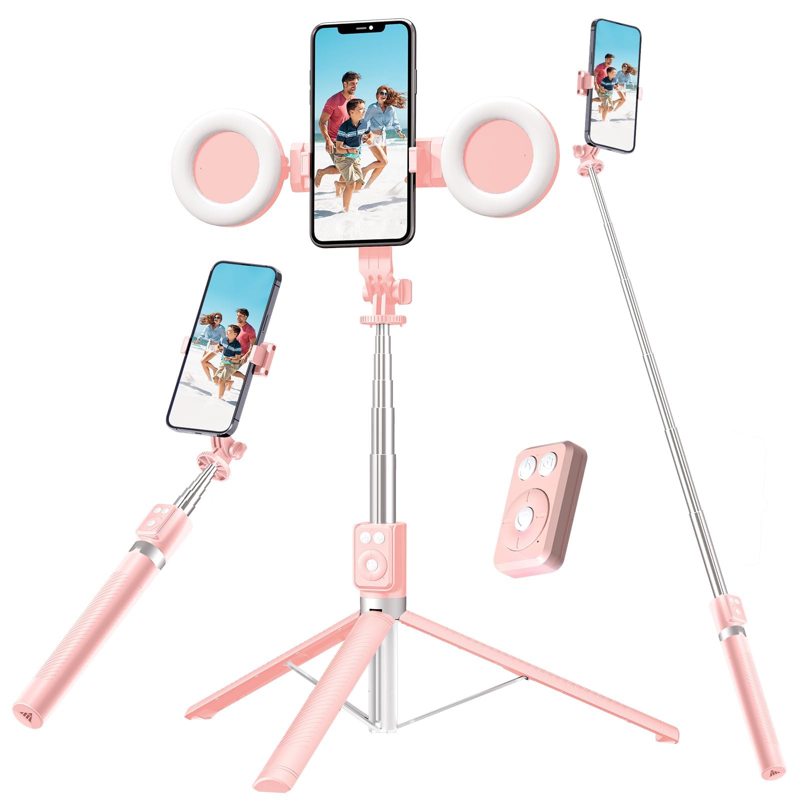 Mouzakon selfie stick tripod with pink handle for compact travel shots