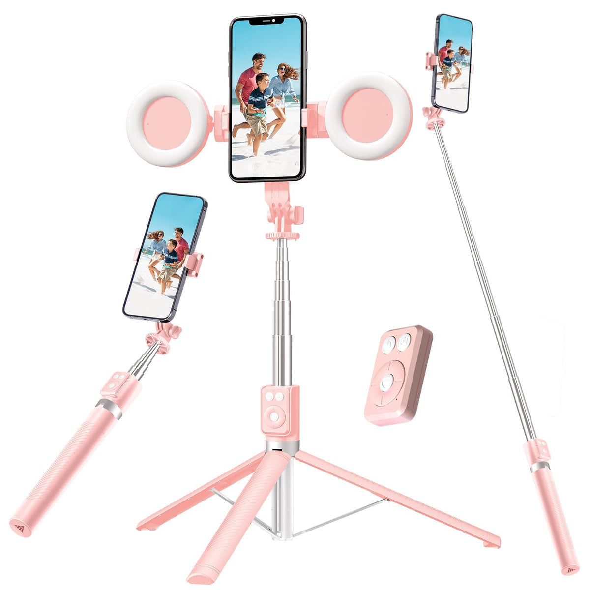 Mouzakon selfie stick tripod with pink handle for compact travel shots