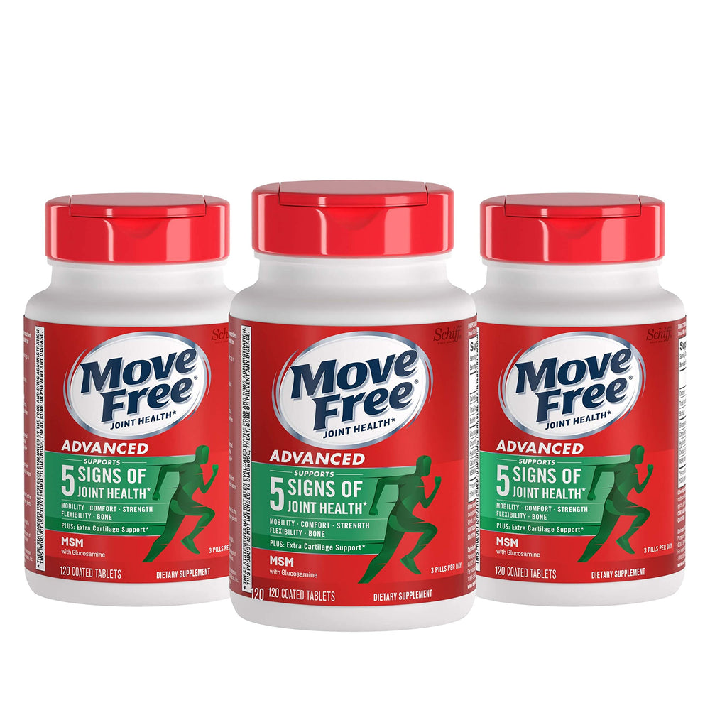 Move Free Advanced bottle front view, 120-count joint support pack.