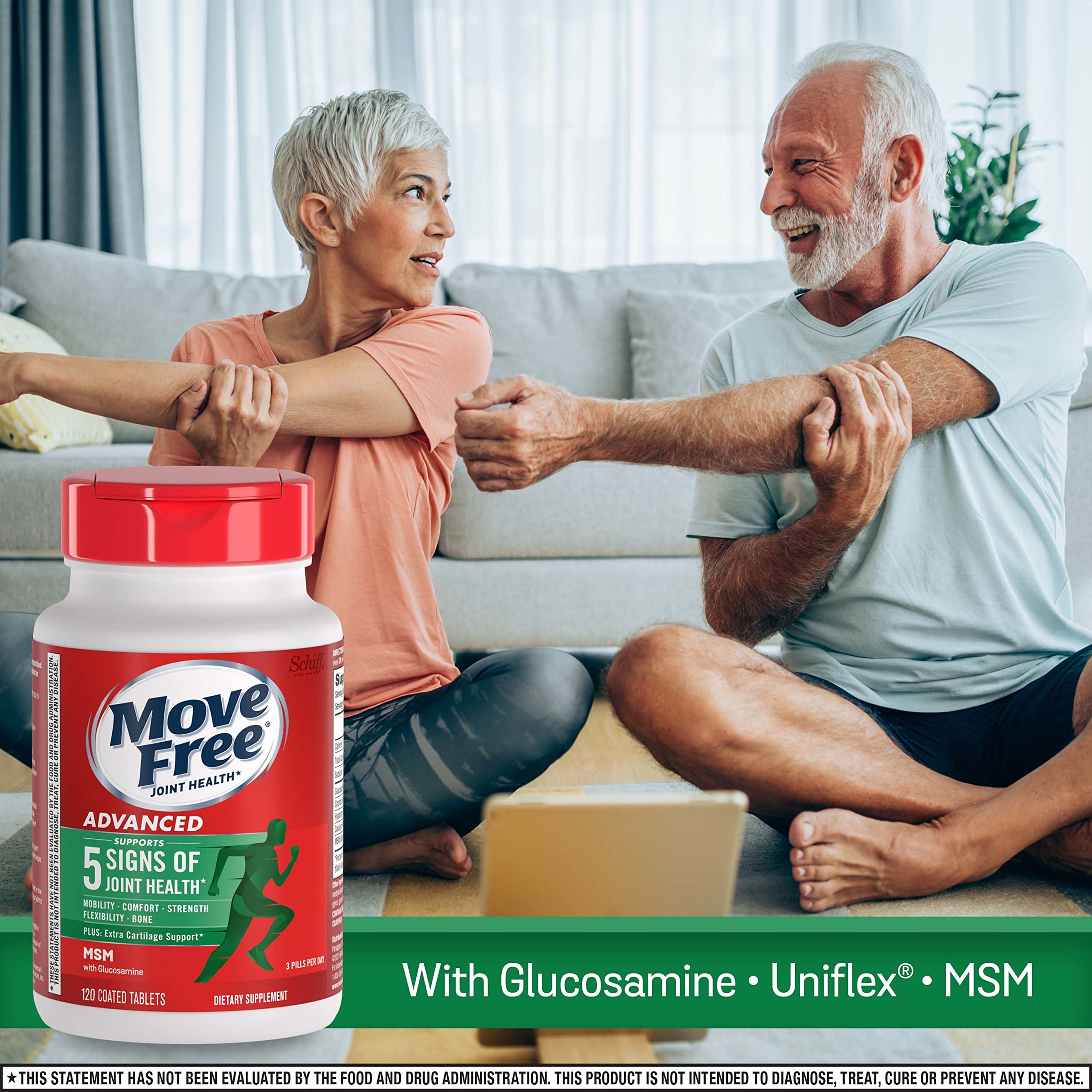 Move Free Advanced bottle side view with daily three-tablet option.