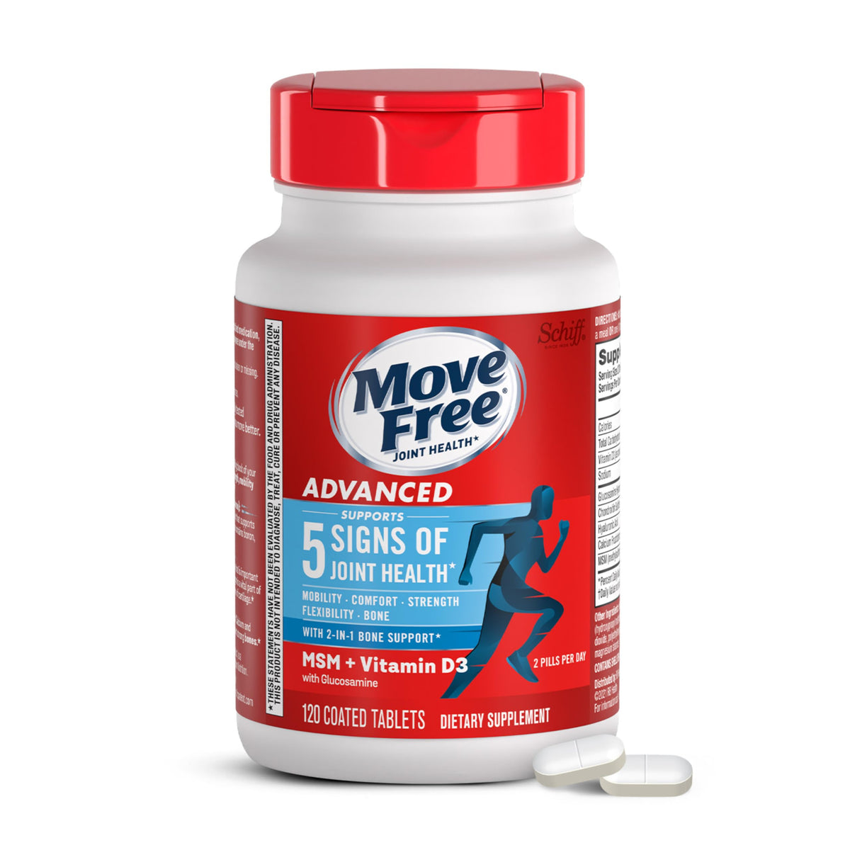 Move Free Advanced glucosamine bottle close-up highlighting joint support.