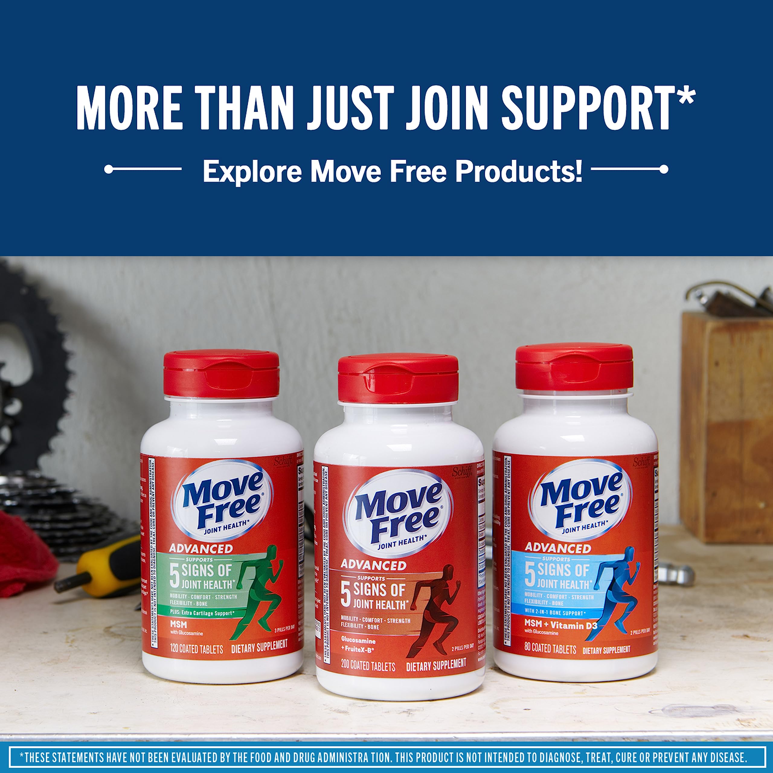 Move Free Advanced hyaluronic acid supplement bottle emphasizes joint lubrication.