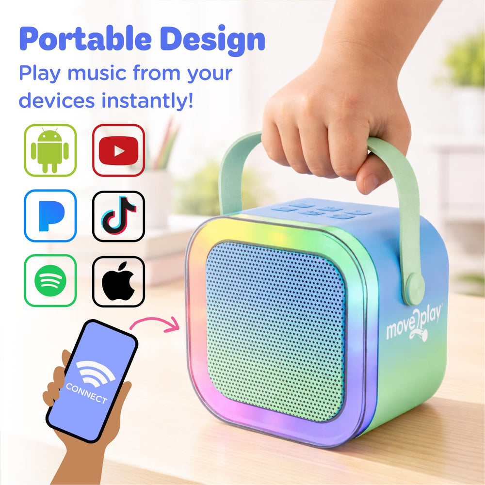 Move2Play portable design image highlights durable, travel-friendly karaoke on the go.