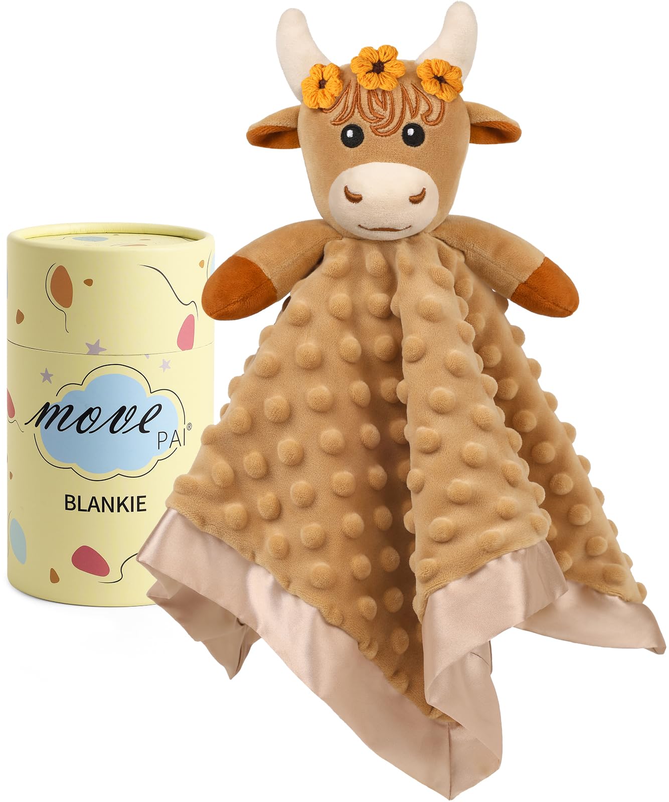 MOVEPAI baby security blanket front view Highland Cow for cozy 16-inch snuggles.