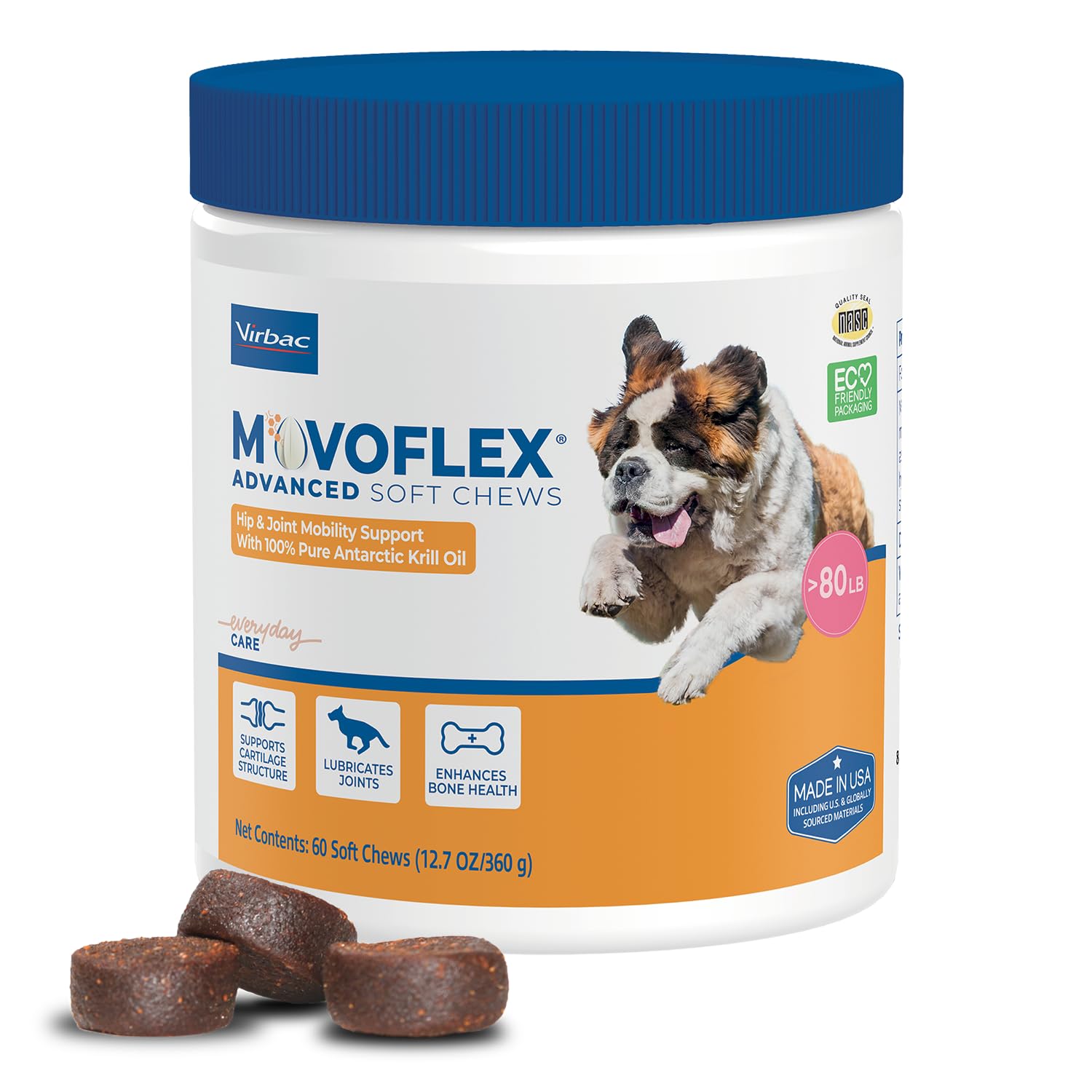 MOVOFLEX Advanced Soft Chews bottle provides convenient daily hip and joint support for large dogs.
