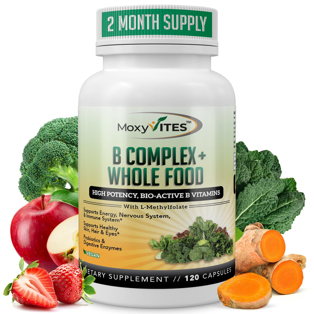 MoxyVites bottle-front showcases vegan B complex for daily energy and immune support.