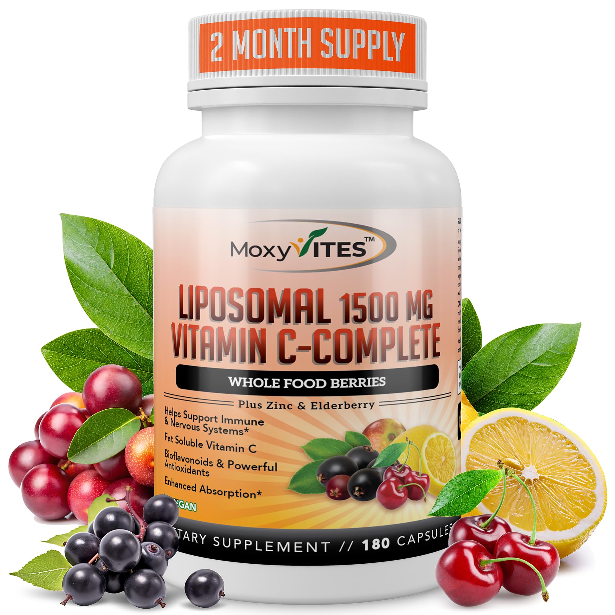 MoxyVites Liposomal Vitamin C with Zinc bottle promotes immune support and convenience.