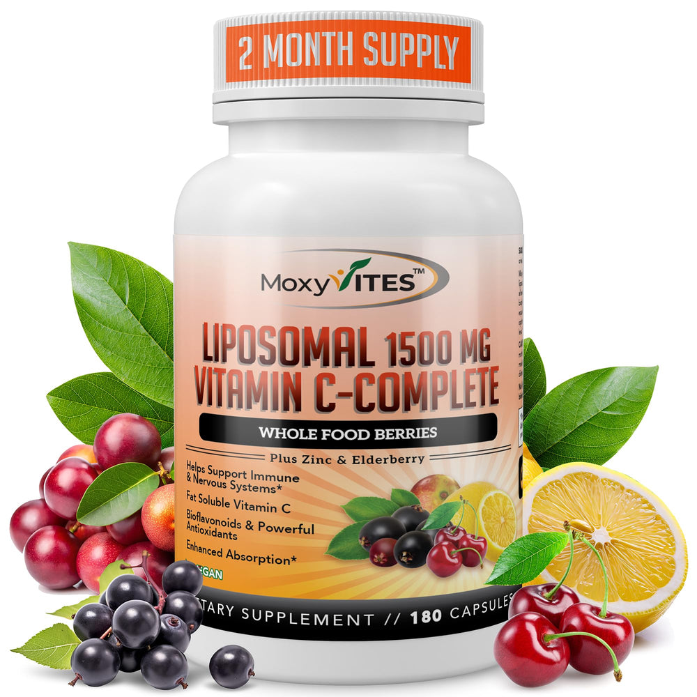 MoxyVites Liposomal Vitamin C with Zinc bottle promotes immune support and convenience.