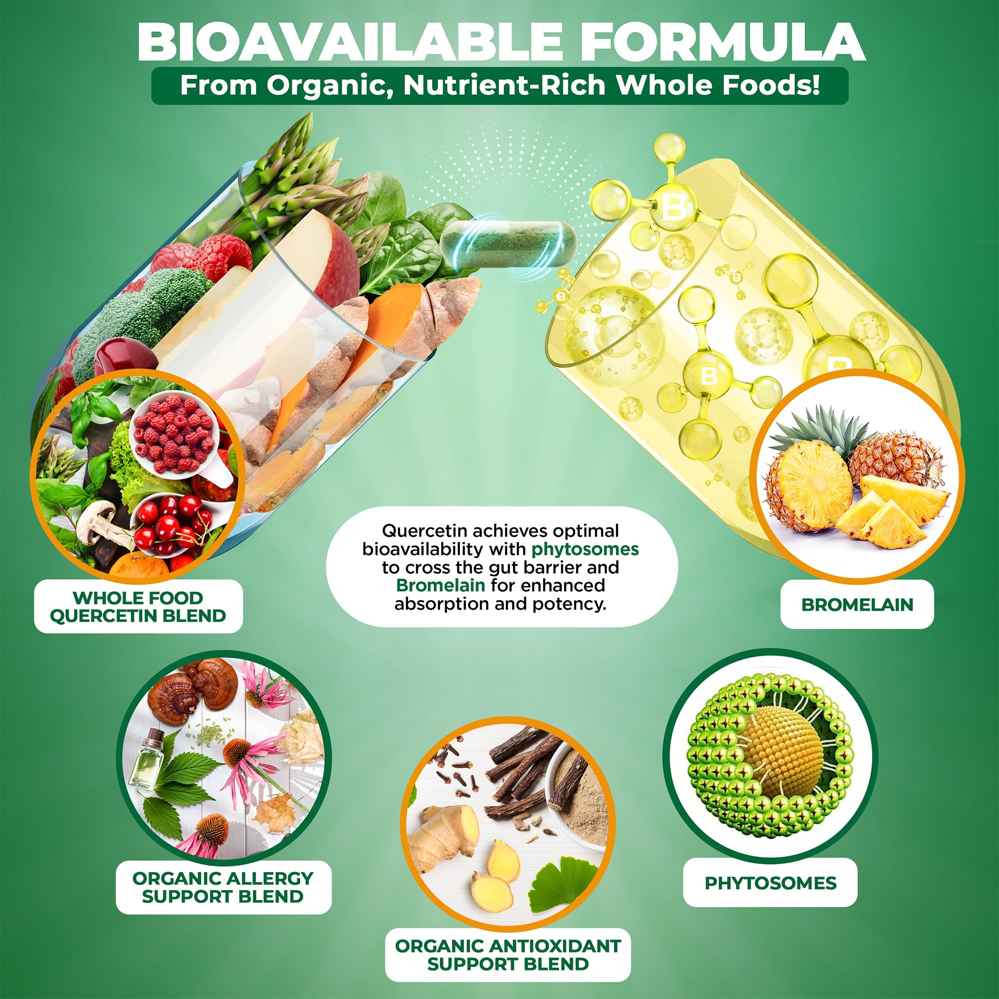 Vegan-friendly quercetin with bromelain shown alongside a vegan symbol