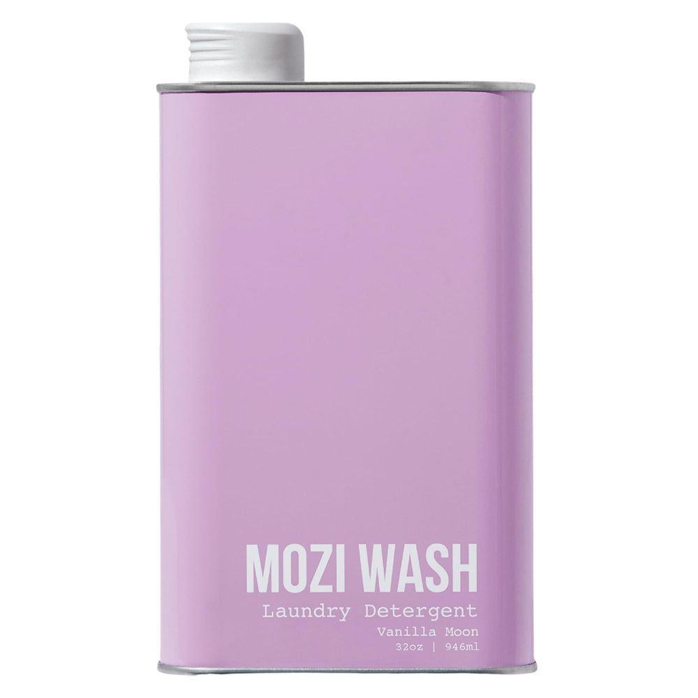 Mozi Wash Vanilla Moon bottle highlights plant-based formula and lasting fragrance.