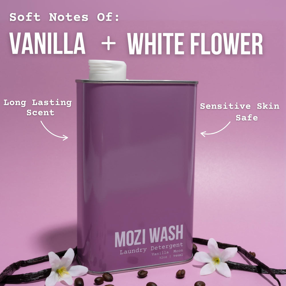 Mozi Wash Vanilla Moon label close-up emphasizes natural ingredients and clean branding.