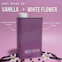 Mozi Wash Vanilla Moon label close-up emphasizes natural ingredients and clean branding.