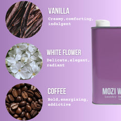 Mozi Wash Vanilla Moon bottle pour demonstrates concentrated detergent for 50+ loads.