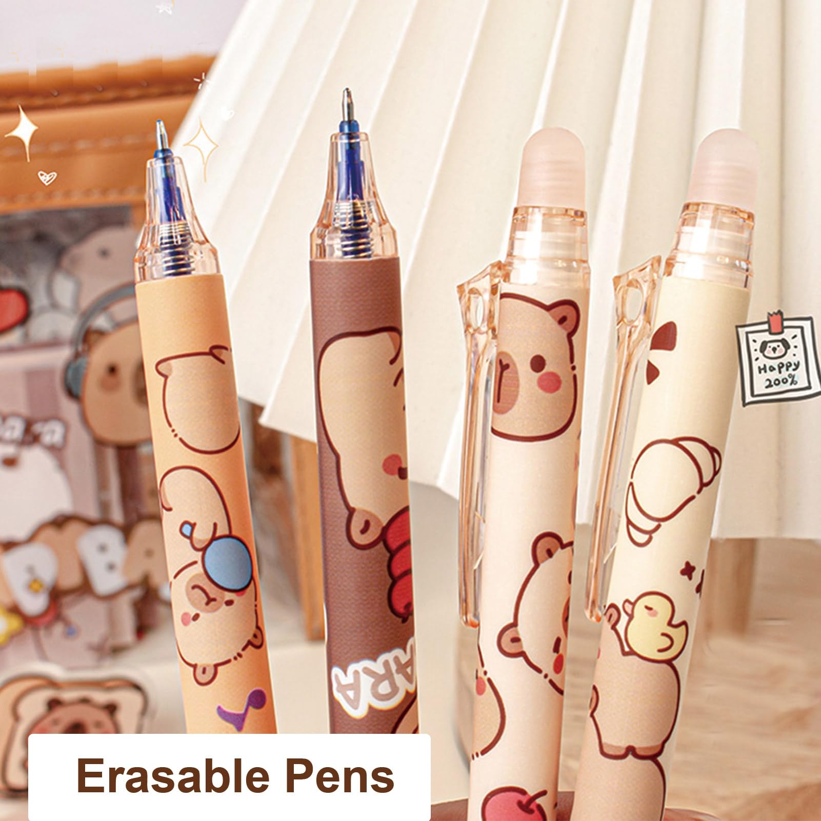 MOZXIRZ Six-pack capybara-pattern pens on a desk.