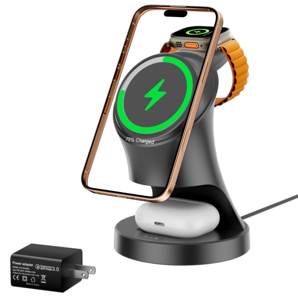 Mpaargoow 3-in-1 wireless charging station powers iPhone, AirPods, and Apple Watch.