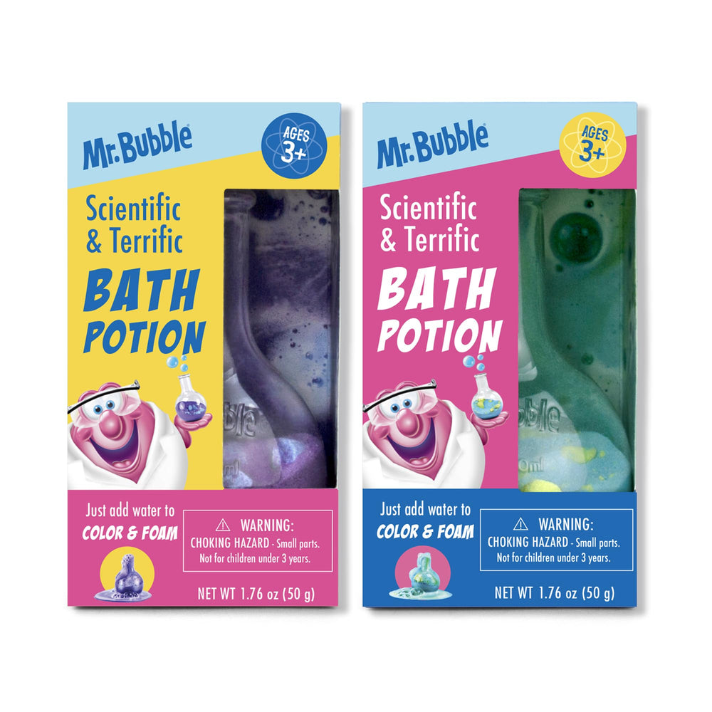 Mr. Bubble bath potion beaker with colorful fizz for kids