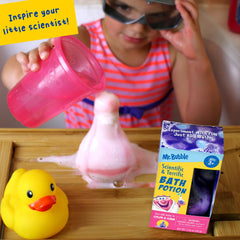 Mr. Bubble bath potion pours colorful suds during bath