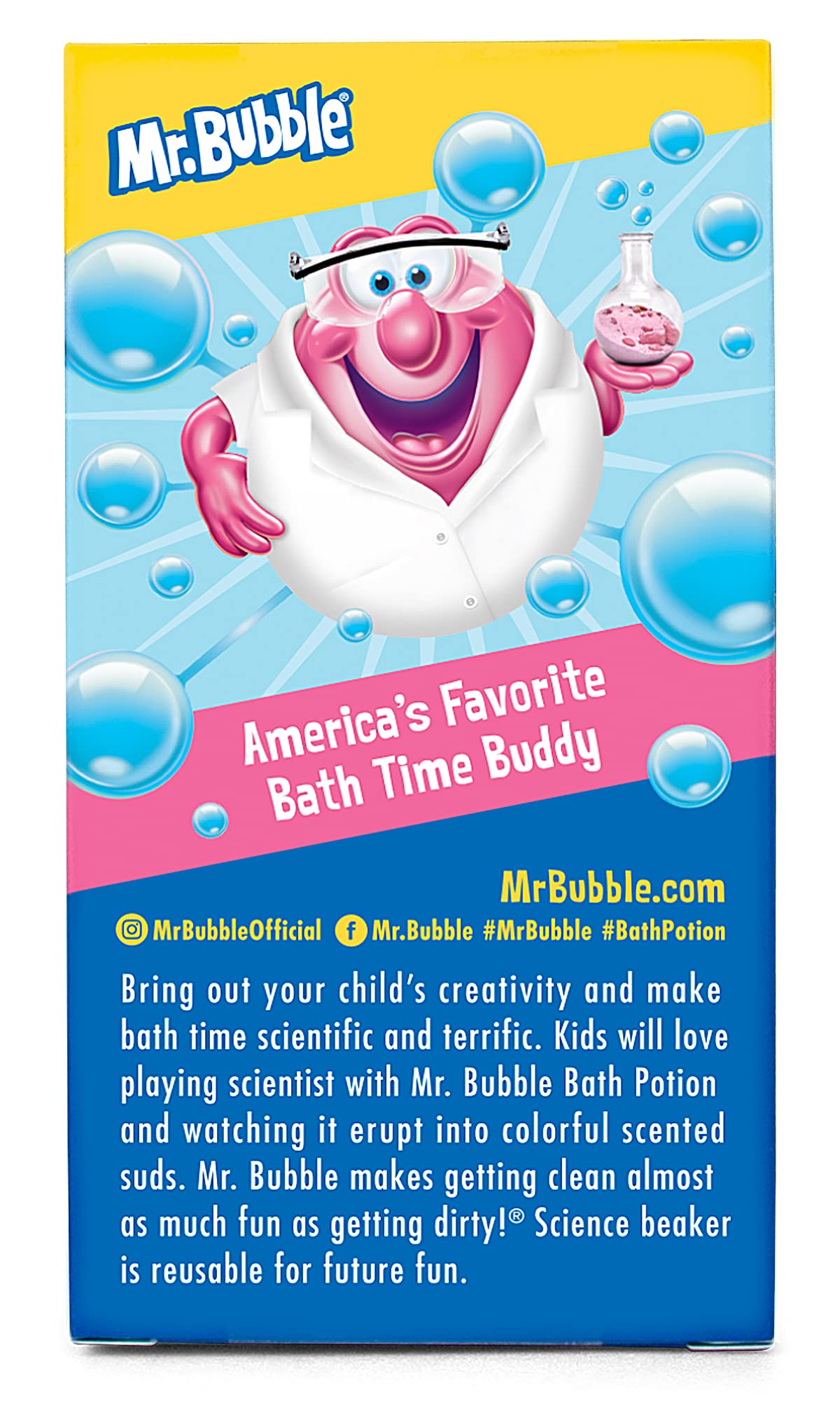 Mr. Bubble color powder fizzing scene creates vibrant suds in tub.