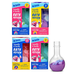 Mr. Bubble Kids Bath Potion Beaker 4-Pack with colorful fizz for bath time.
