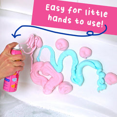 Kid writing in tub with Mr. Bubble Village Edition foam soap