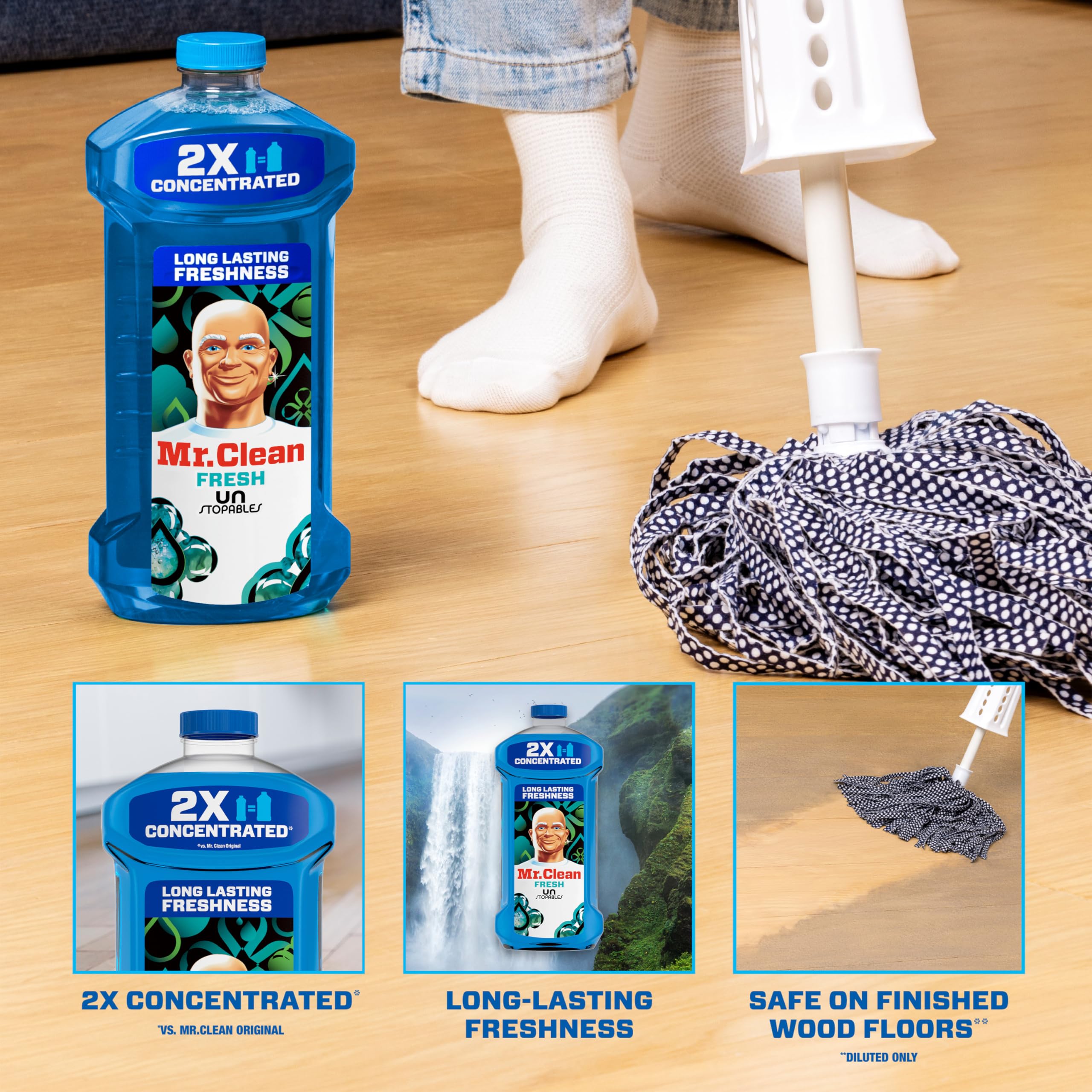Mr. Clean 2X concentrate pour, suitable for safe wood floor cleaning when diluted.